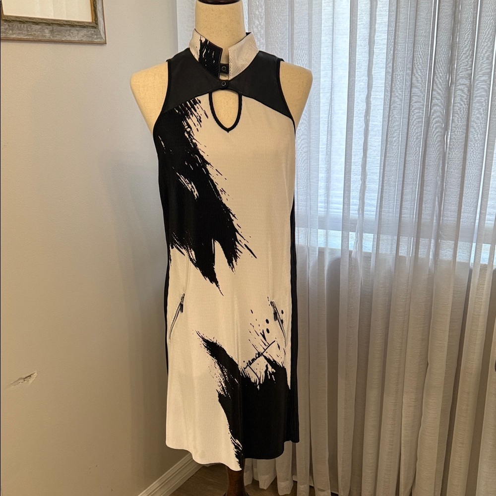 Jamie Sadock golf dress Black and White Abstract Midi Dress